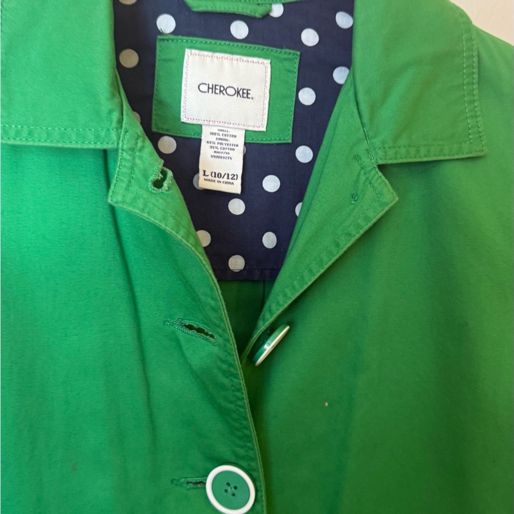 Cherokee Women's Green Trench Coat with Polka Dot Lining size L 10/12